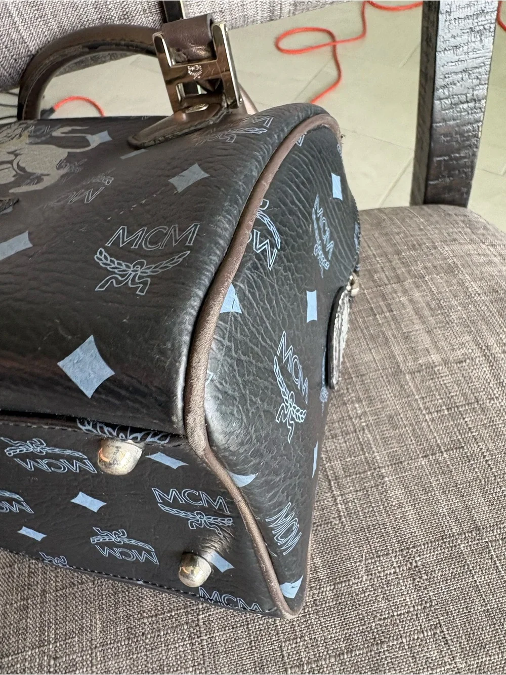 MCM Black Leather Logo Satchel with Brown Handles and Gold Hardware